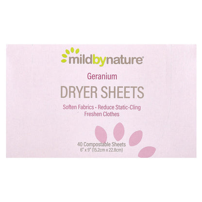 Mild By Nature, Dryer Sheets, Geranium, 40 Sheets