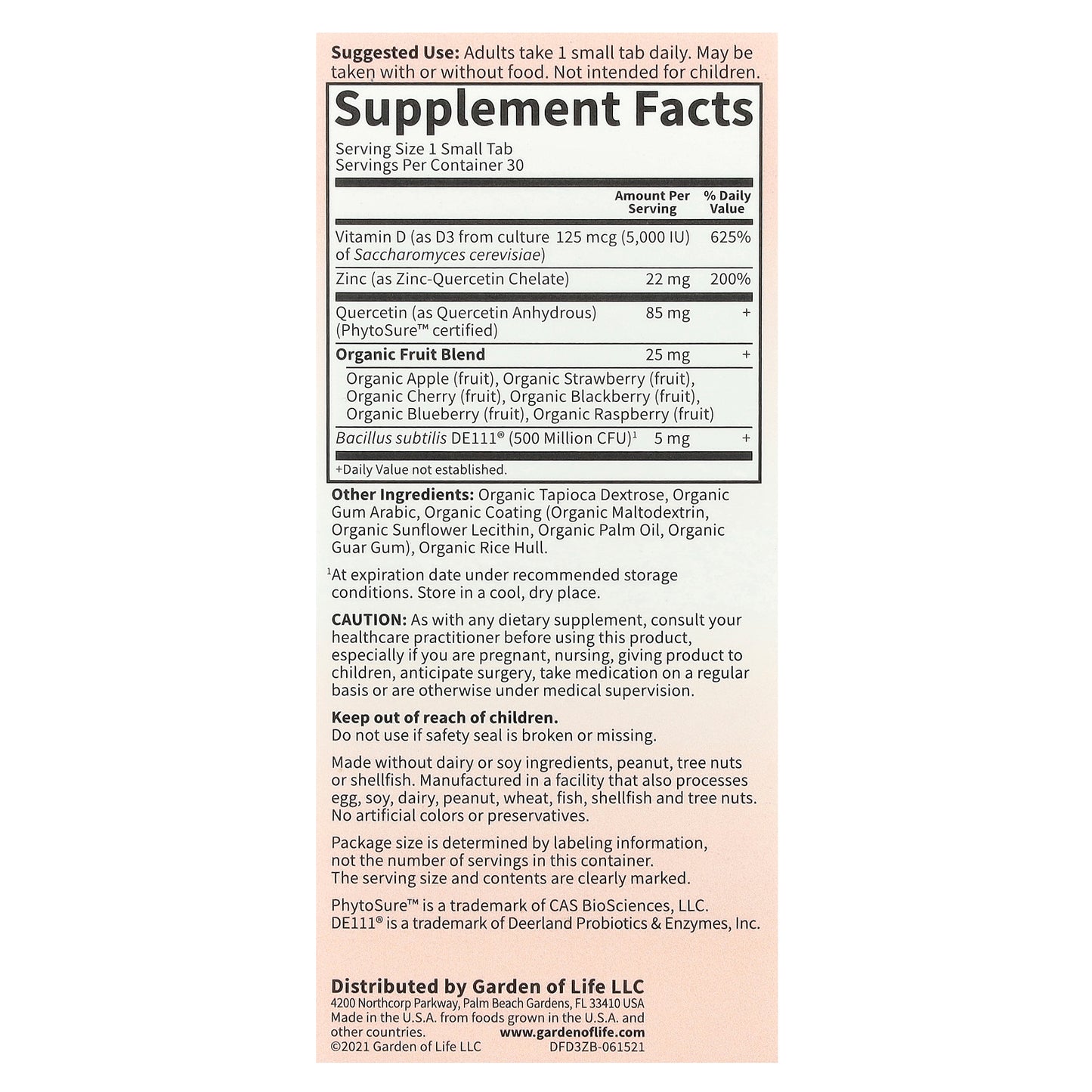 Garden of Life, Vitamin D3 & Zinc, 30 Small Tabs