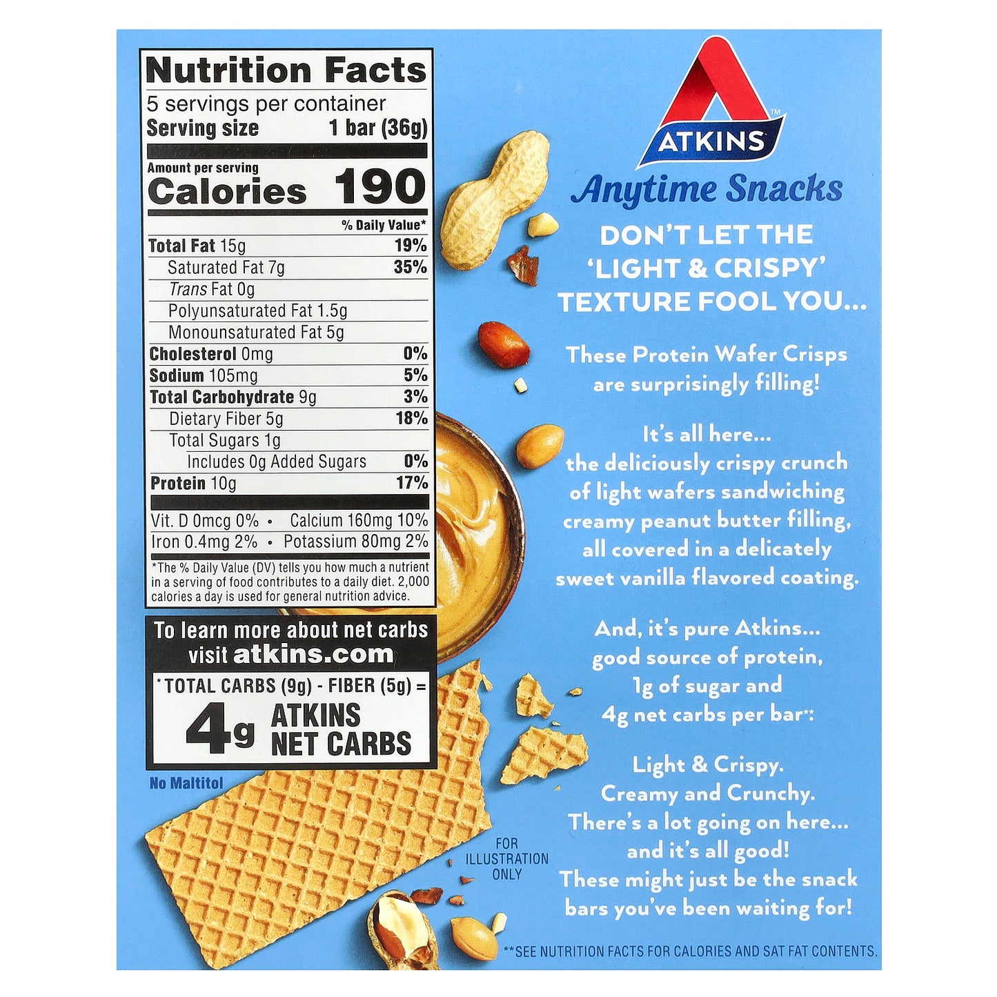 Atkins, Anytime Snacks, Protein Wafer Crisps, Peanut Butter, 5 Bars, 1.27 oz (36 g) Each