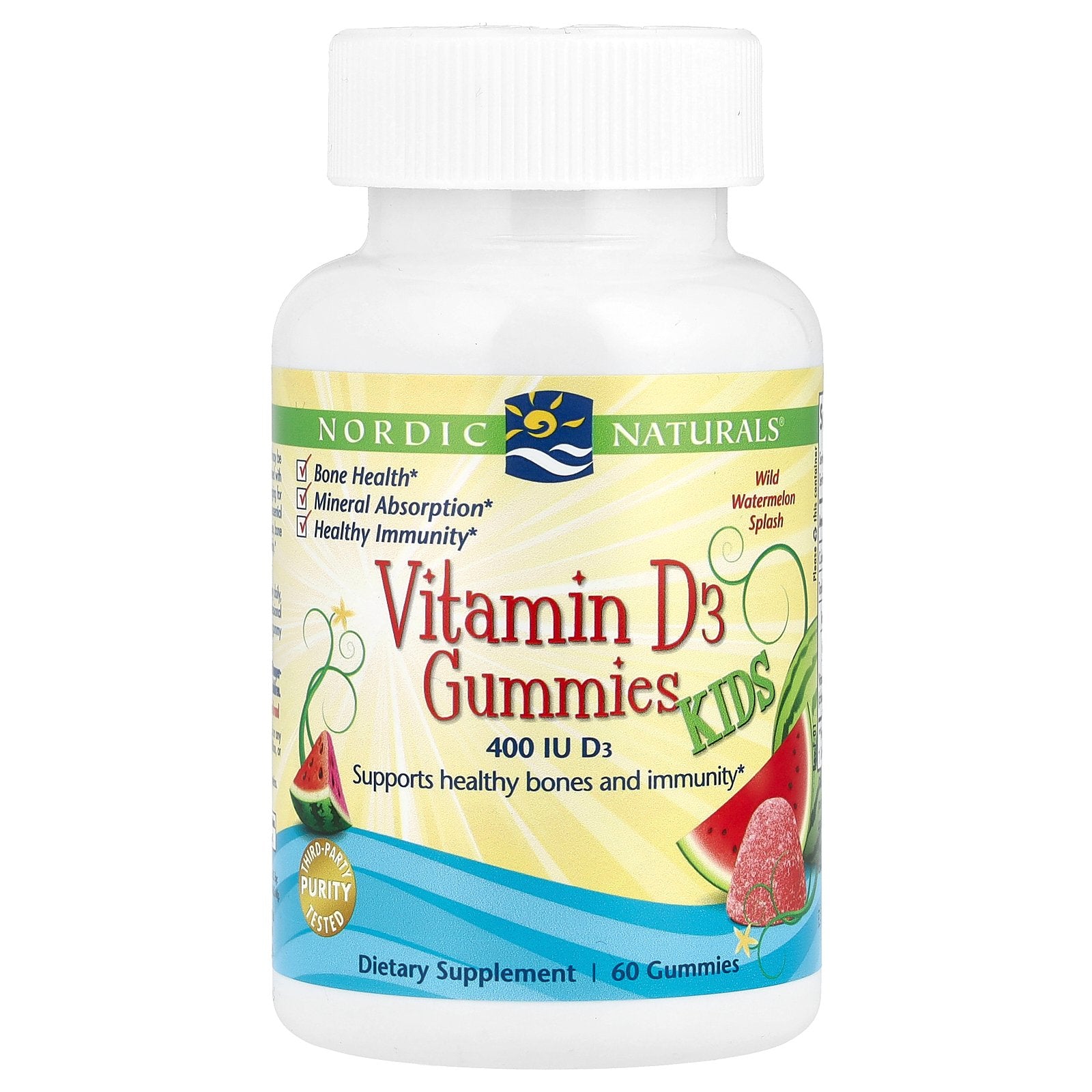 Nordic Naturals, Kids Vitamin D3 Gummies, Wild Watermelon Splash, 400 IU, 60 Gummies