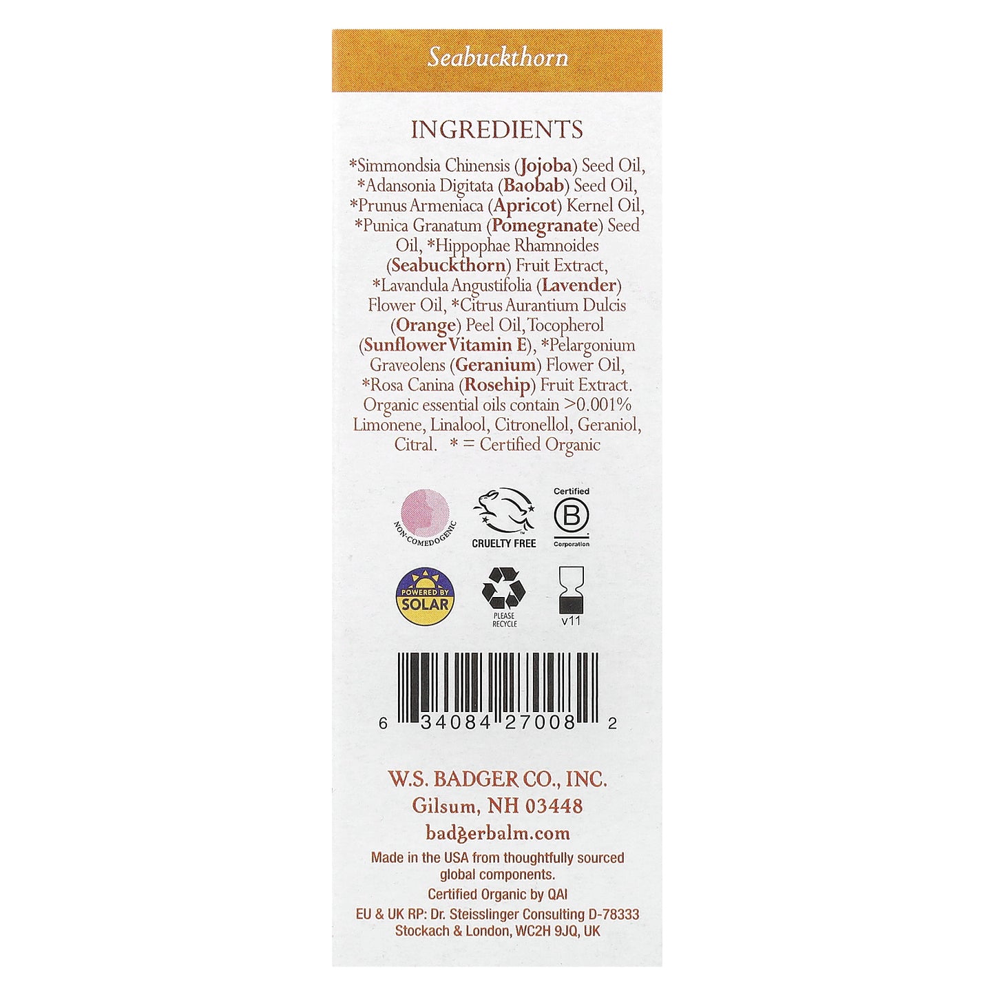 Badger, Face Care, Seabuckthorn Face Oil, For Normal/Dry Skin, 1 fl oz (29.5 ml)