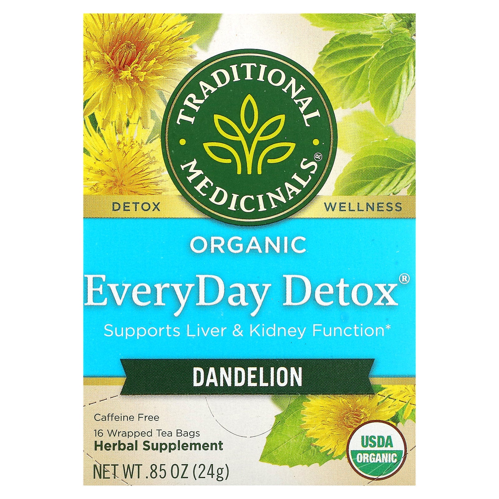 Traditional Medicinals, Organic EveryDay Detox, Dandelion, Caffeine Free, 16 Wrapped Tea Bags, 0.85 (24 g)