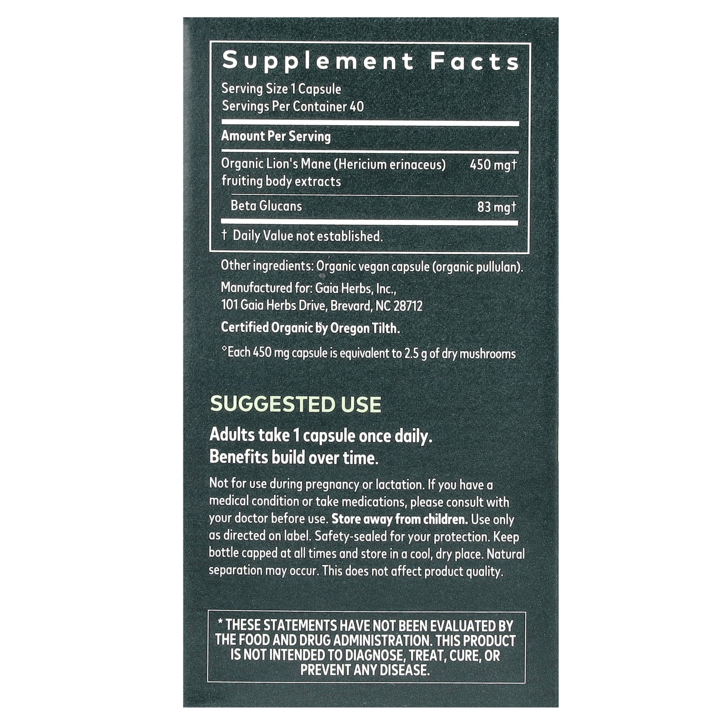 Gaia Herbs, Lion's Mane Mushroom, 40 Vegan Capsules