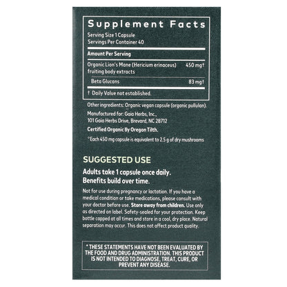 Gaia Herbs, Lion's Mane Mushroom, 40 Vegan Capsules