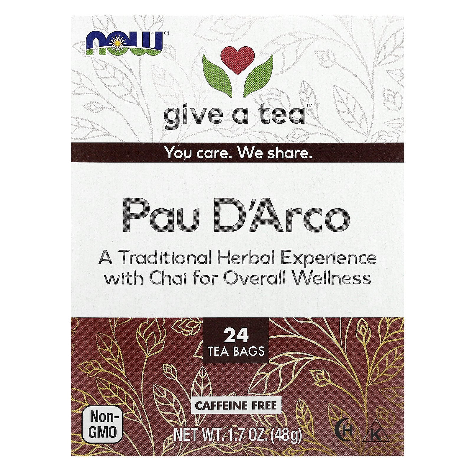 NOW Foods, give a tea, Pau D'Arco, Caffeine-Free, 24 Tea Bags, 1.7 oz (48 g)