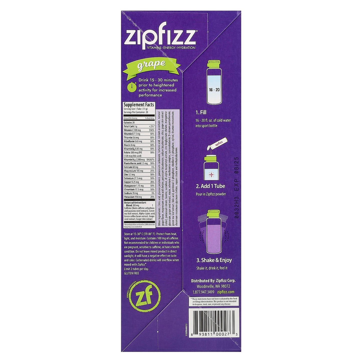 Zipfizz, Energy Drink Mix, Grape, 20 Tubes, 0.39 oz (11 g) Each