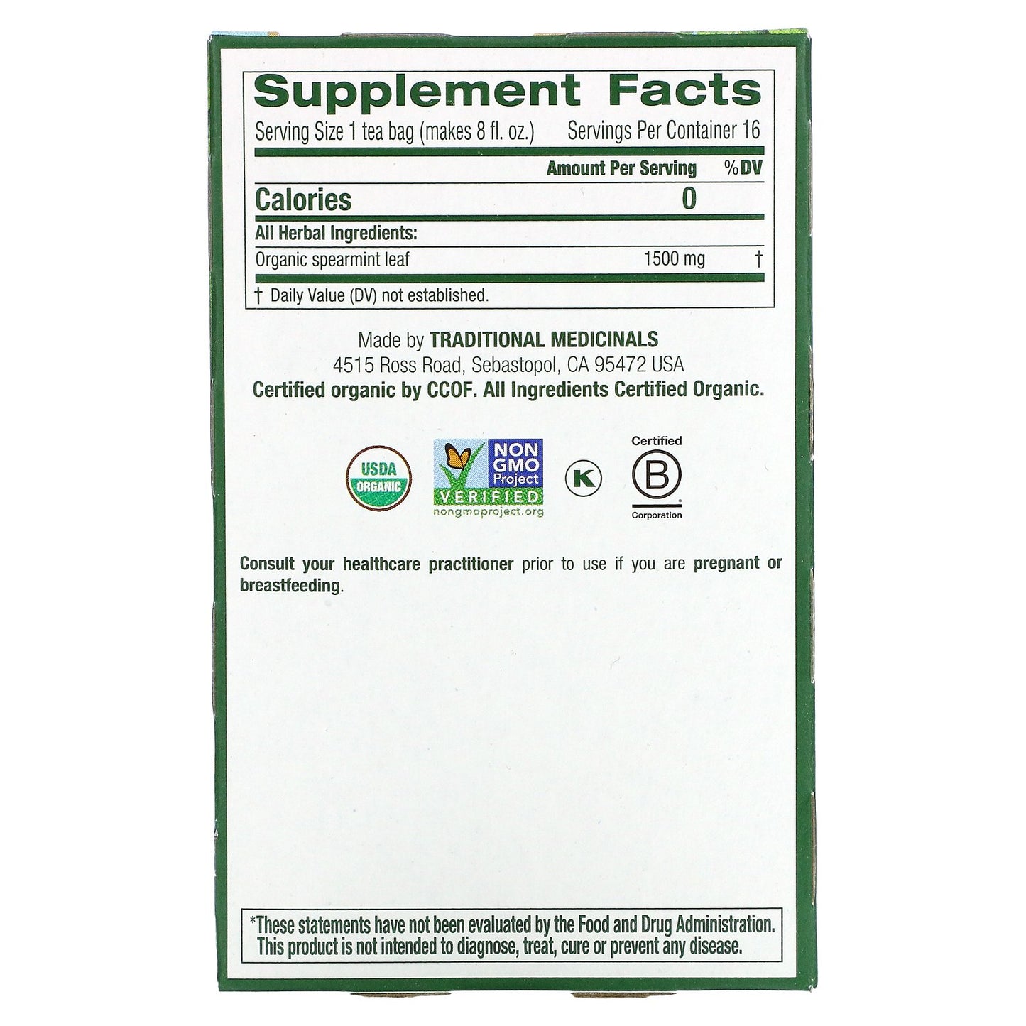 Traditional Medicinals, Organic Spearmint, Caffeine Free, 16 Wrapped Tea Bags, 0.85 oz (24 g)