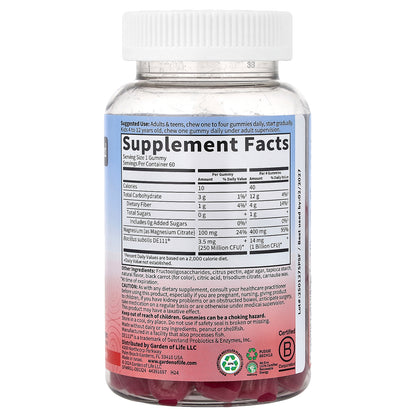 Garden of Life, Magnesium with Pre & Probiotics Gummies, Raspberry, 60 Gummies