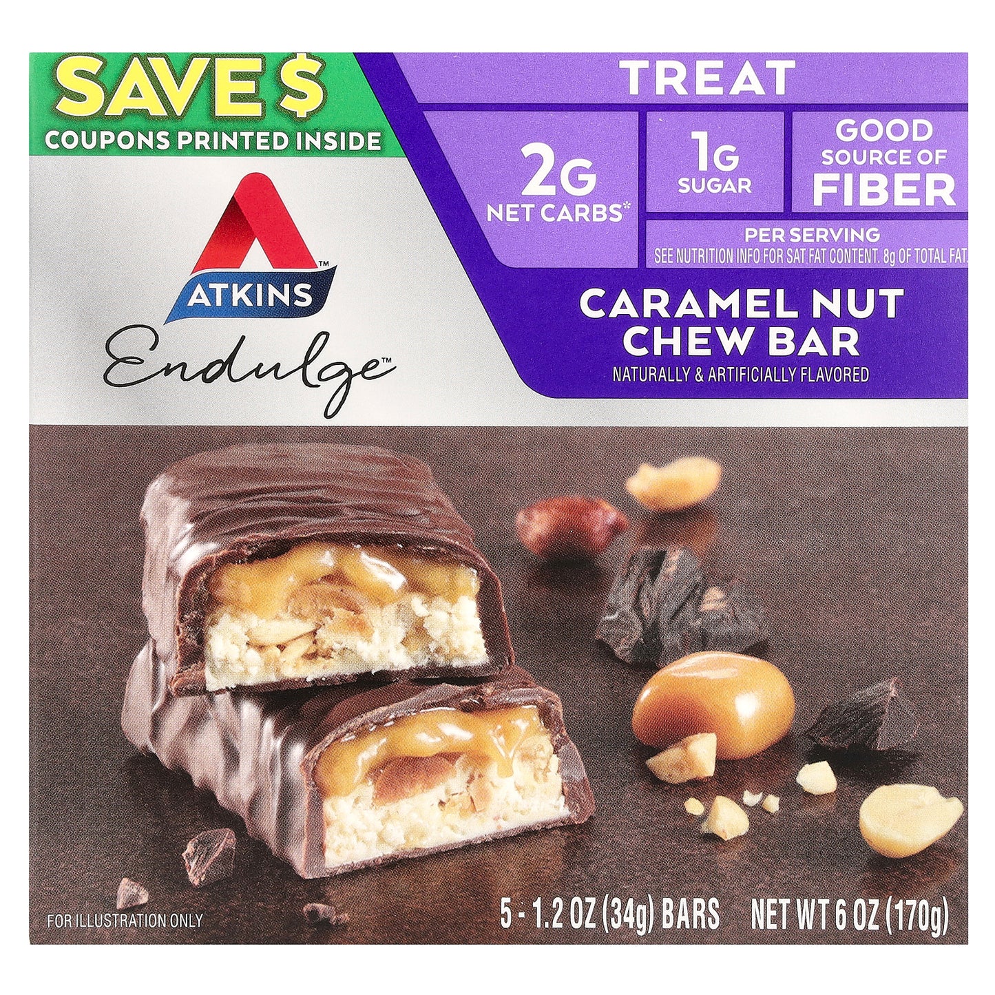 Atkins, Endulge™, Caramel Nut Chew Bar, 5 Bars, 1.2 oz (34 g) Each