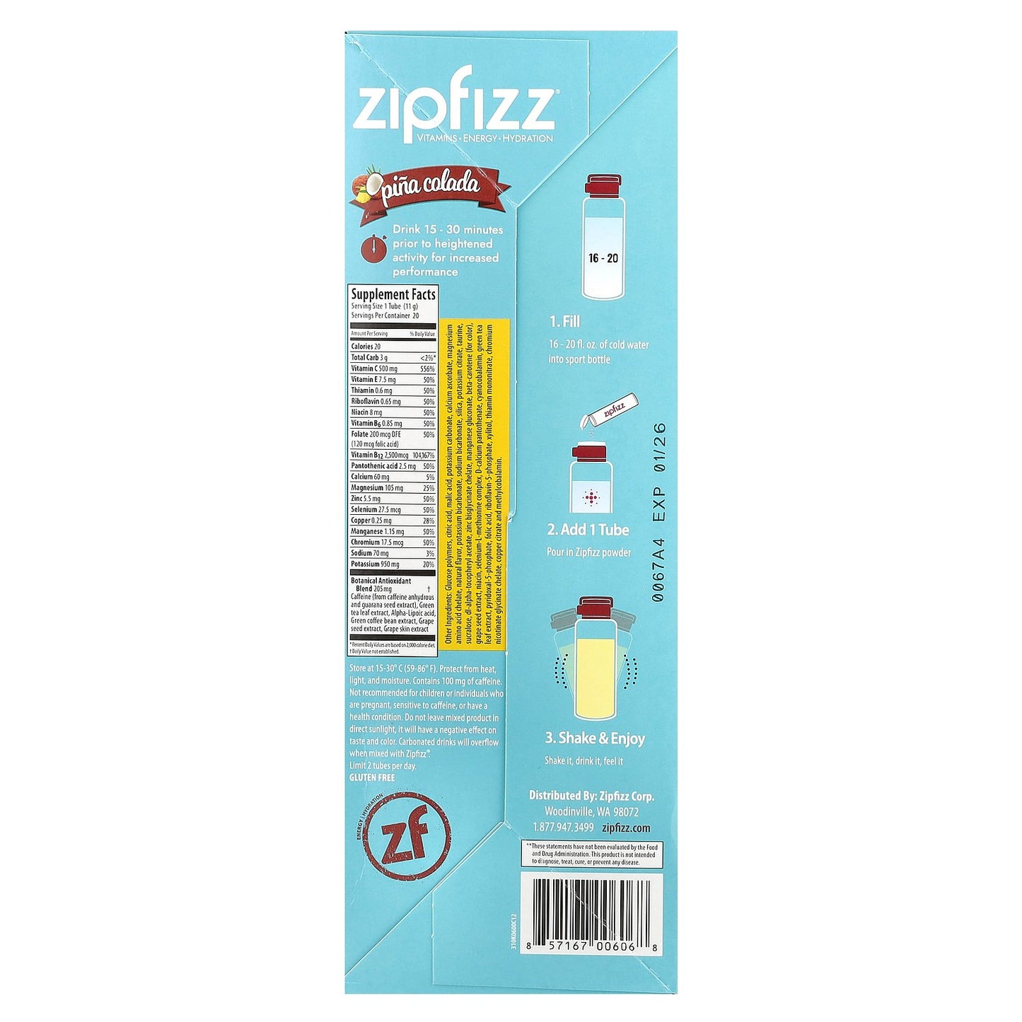 Zipfizz, Pina Colada, 20 Tubes, 0.39 oz (11 g) Each