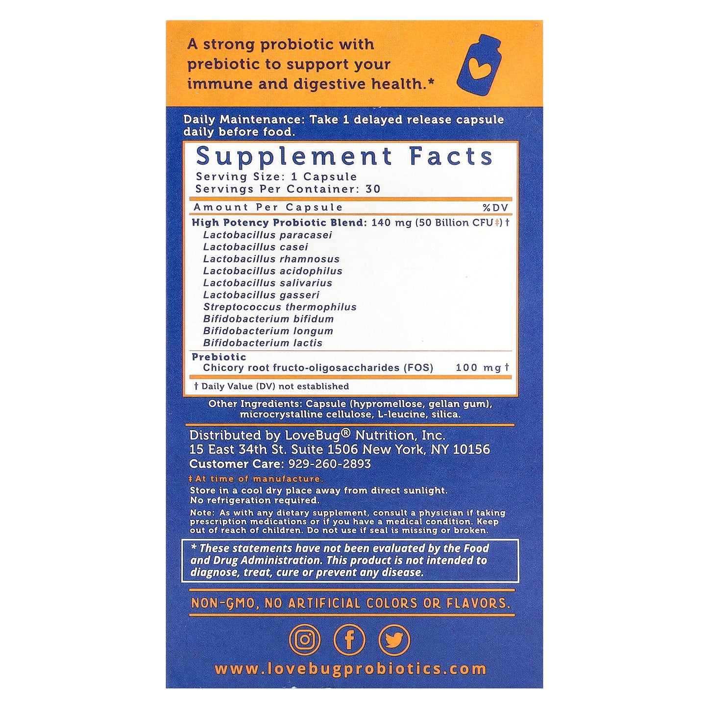 LoveBug Probiotics, Advanced Strength Daily Probiotic, 50 Billion CFU, 30 Capsules