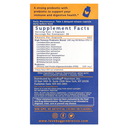 LoveBug Probiotics, Advanced Strength Daily Probiotic, 50 Billion CFU, 30 Capsules