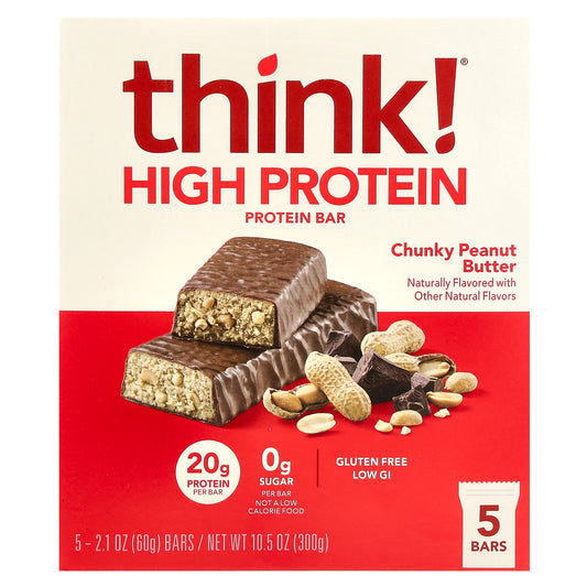 Think !, High Protein Bars, Chunky Peanut Butter, 5 Bars, 2.1 oz (60 g) Each