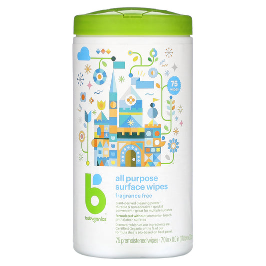 Babyganics, All Purpose Surface Wipes, Fragrance Free, 75 Premoistened Wipes