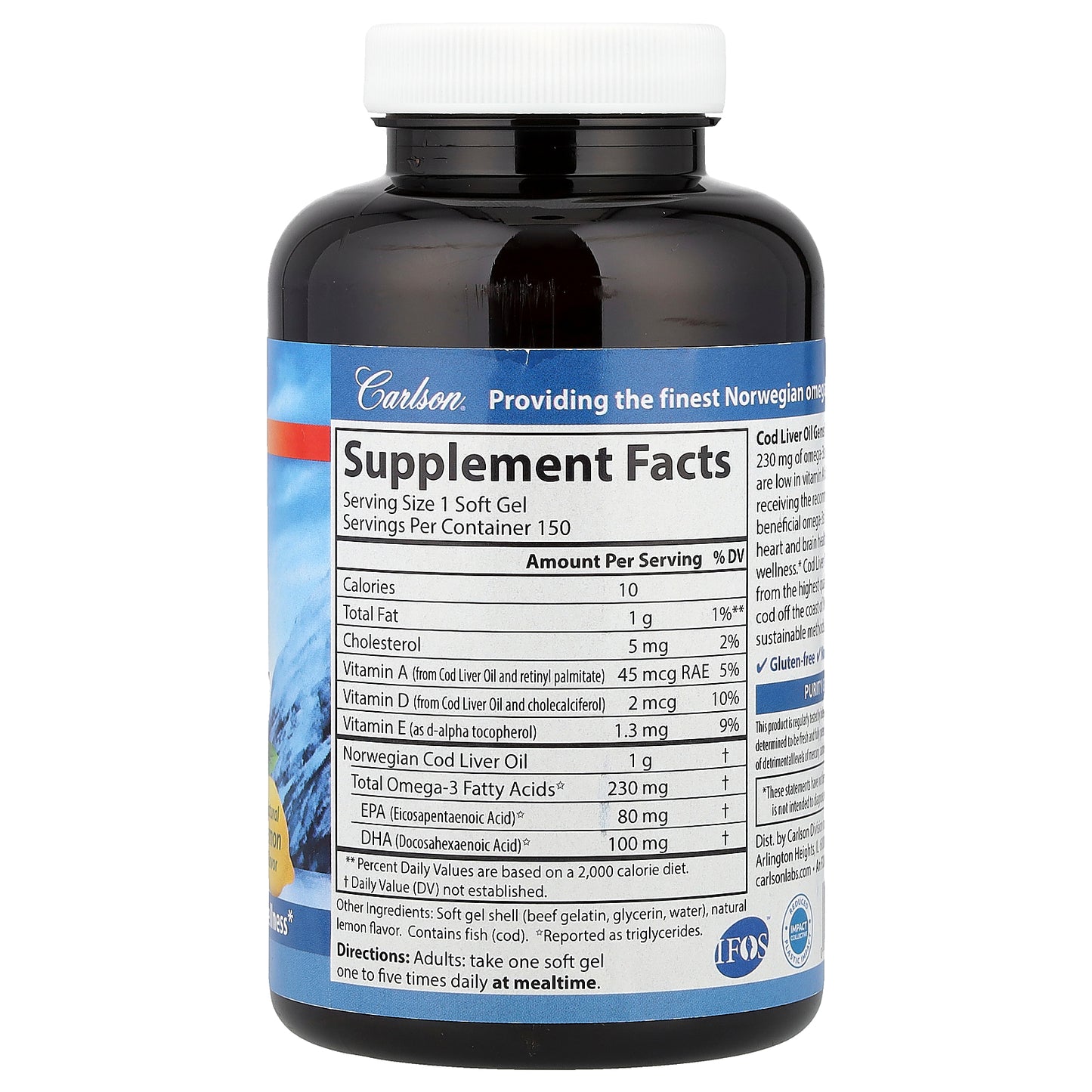 Carlson, Wild Norwegian, Cod Liver Oil Gems, Low Vitamin A, Natural Lemon, 150 Soft Gels