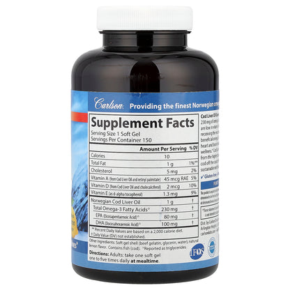 Carlson, Wild Norwegian, Cod Liver Oil Gems, Low Vitamin A, Natural Lemon, 150 Soft Gels