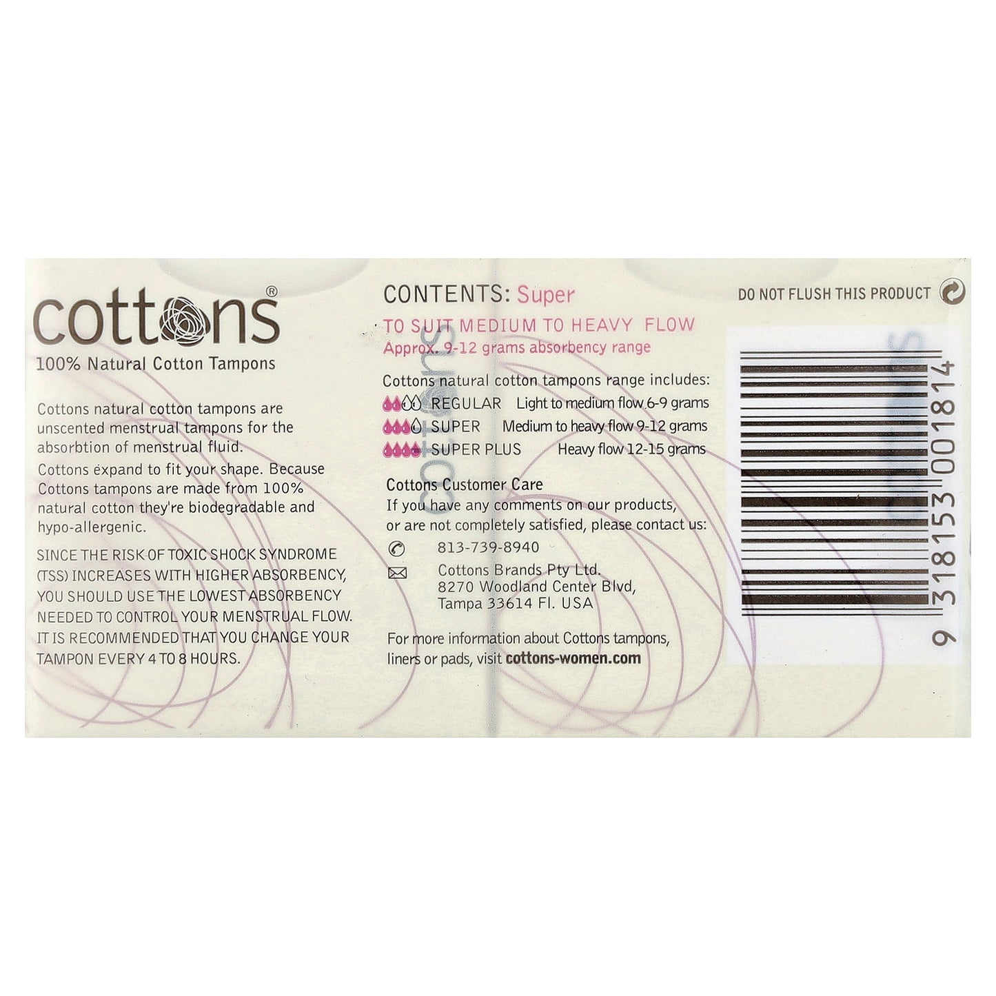 Cottons, 100% Natural Cotton Tampons, Super, Unscented, 16 Tampons