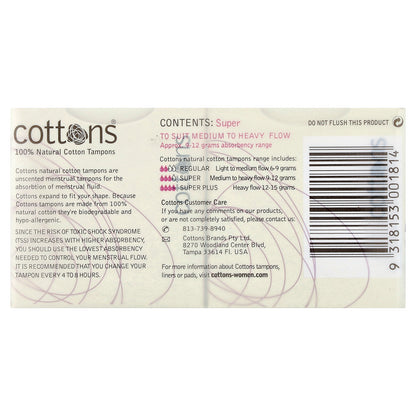 Cottons, 100% Natural Cotton Tampons, Super, Unscented, 16 Tampons