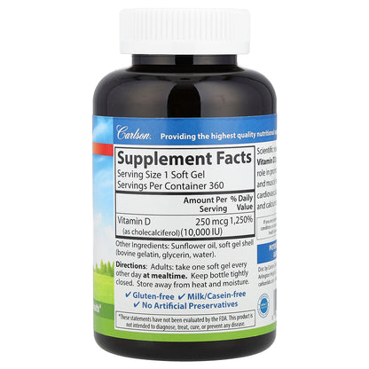 Carlson, Vitamin D3, 250 mcg (10,000 IU), 360 Soft Gels