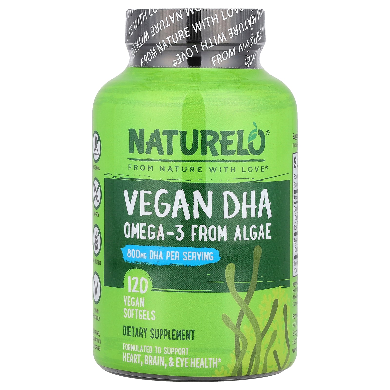 NATURELO, Vegan DHA, Omega-3 from Algae, 800 mg, 120 Vegan Softgels (400 mg per Softgel)