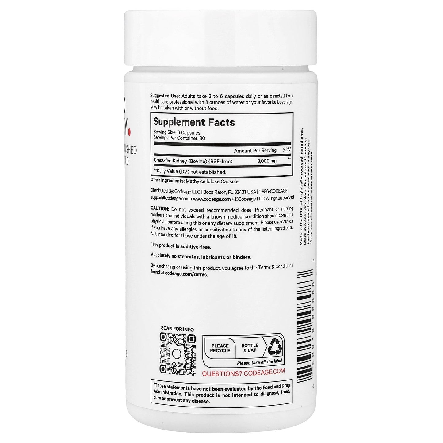 Codeage, Grass-Fed Beef Kidney, 180 Vegetable Capsules (500 mg Per capsule)