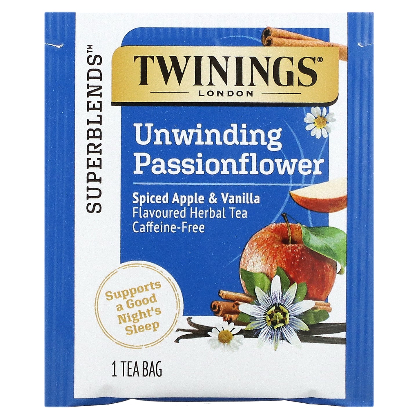 Twinings, Unwinding Passionflower Herbal Tea, Spiced Apple & Vanilla, Caffeine Free, 18 Tea Bags, 0.95 oz (27 g)