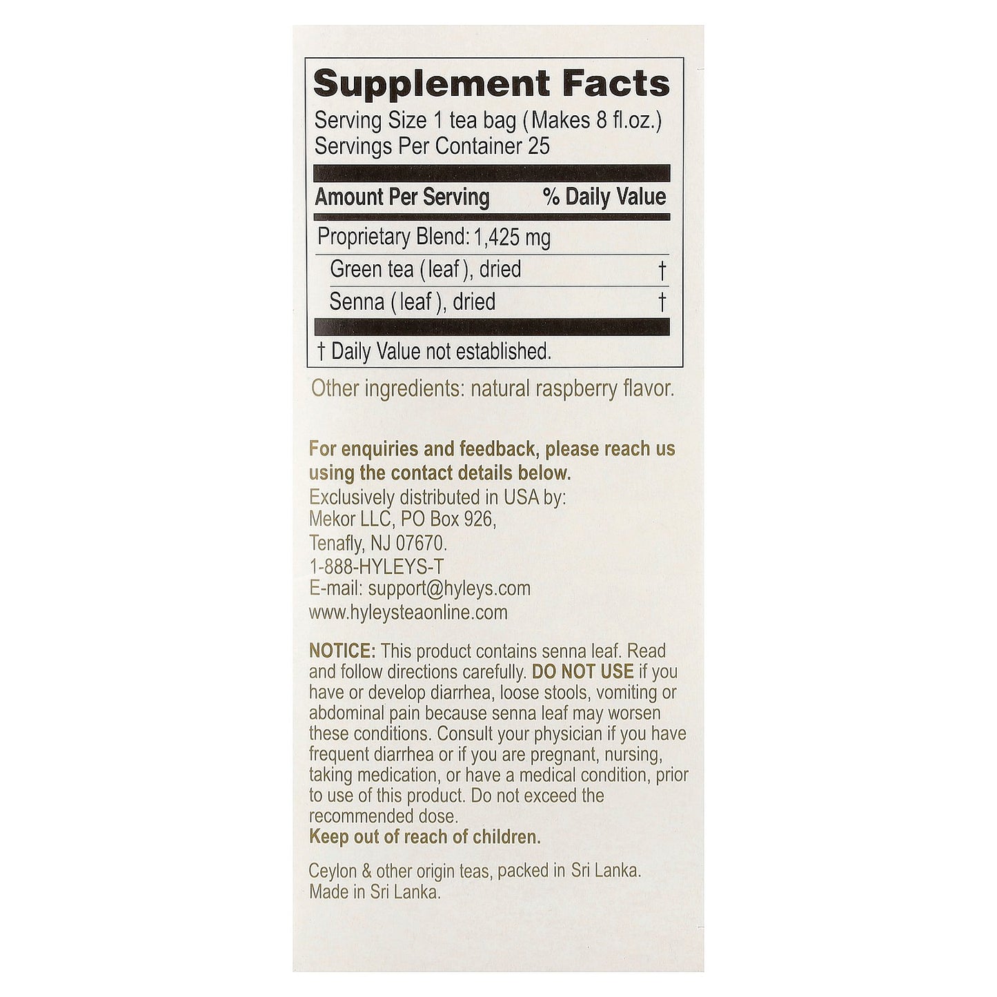 Hyleys Tea, Slim Tea, Raspberry, 25 Foil Envelope Tea Bags, 1.32 oz (37.5 g)