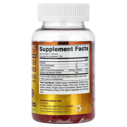 Vitamatic, Vitamin D3 Gummies, Natural Strawberry, 1,000 IU (25 mcg), 120 Gummies