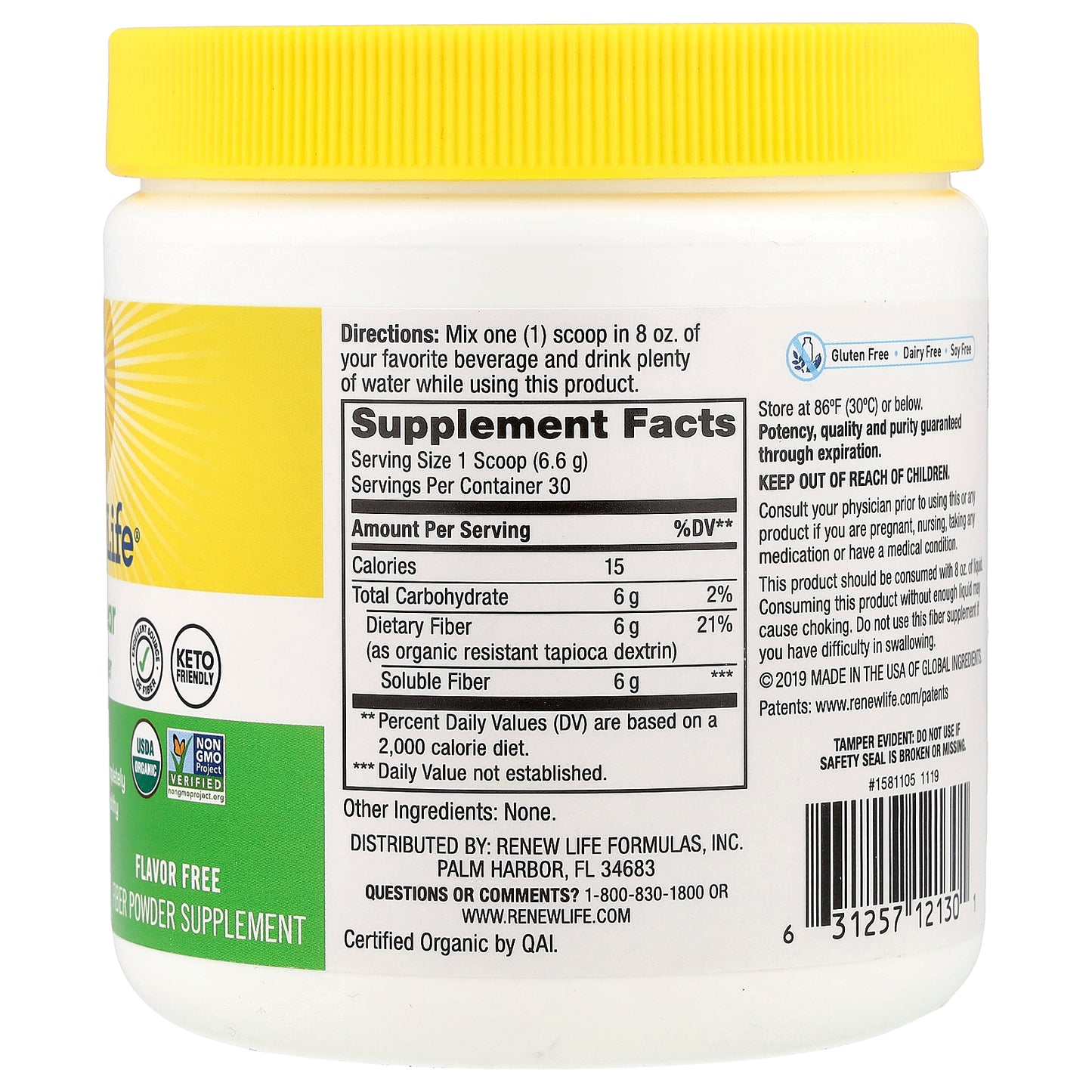 Renew Life, Completely Clear Organic Prebiotic Fiber, Unflavored , 7 oz (198 g)