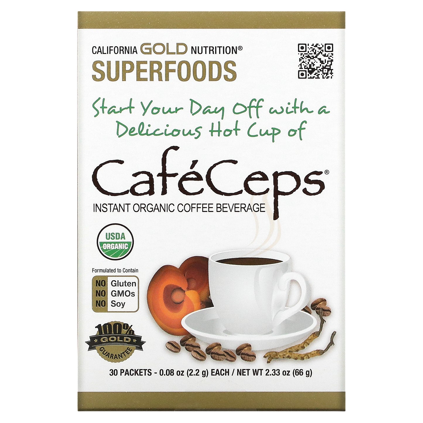 California Gold Nutrition, CafeCeps, Certified Organic Instant Coffee with Cordyceps, and Reishi Mushroom Powder, 30 Packets, 0.08 oz (2.2 g) Each