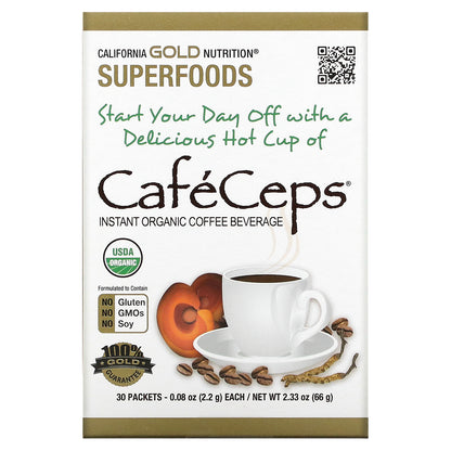 California Gold Nutrition, CafeCeps, Certified Organic Instant Coffee with Cordyceps, and Reishi Mushroom Powder, 30 Packets, 0.08 oz (2.2 g) Each
