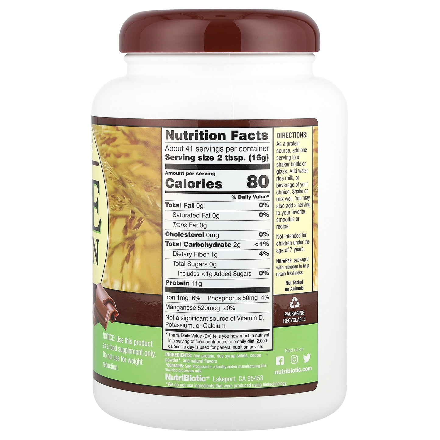 NutriBiotic, Rice Protein Powder, Chocolate, 1 lb 6.93 oz (650 g)