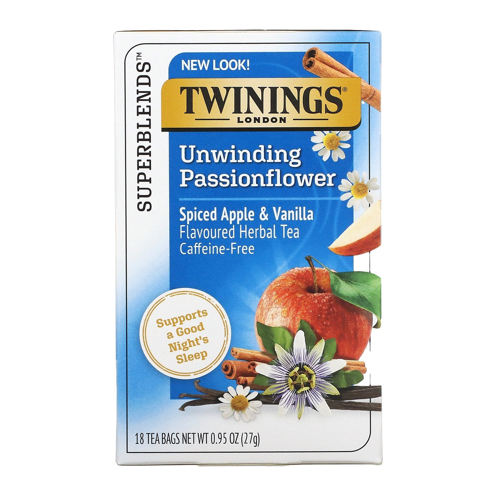 Twinings, Unwinding Passionflower Herbal Tea, Spiced Apple & Vanilla, Caffeine Free, 18 Tea Bags, 0.95 oz (27 g)