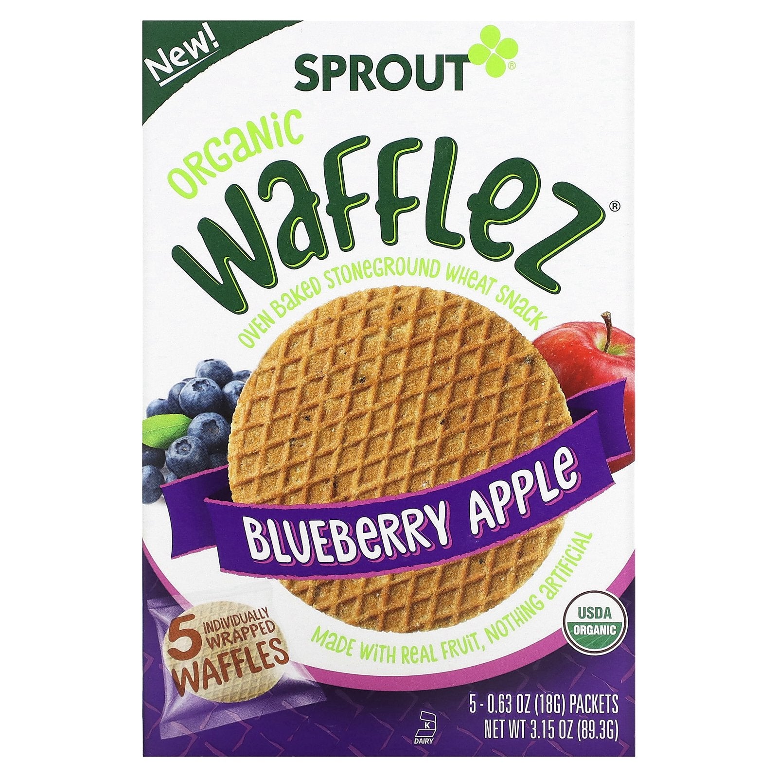Sprout Organics, Wafflez, Blueberry Apple, 5 Packets, 0.63 oz (18 g) Each