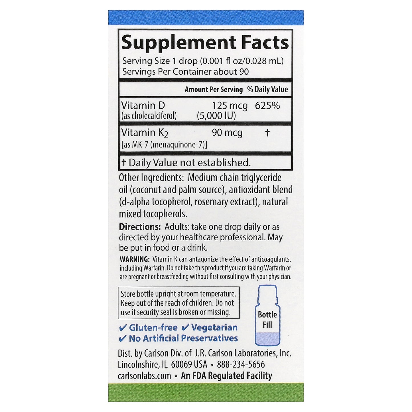 Carlson, Super Daily® D3 + K2, 125 mcg (5,000 IU) & 90 mcg, 0.086 fl oz (2.54 ml)