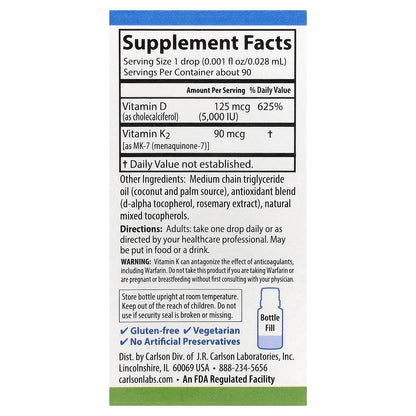 Carlson, Super Daily® D3 + K2, 125 mcg (5,000 IU) & 90 mcg, 0.086 fl oz (2.54 ml)