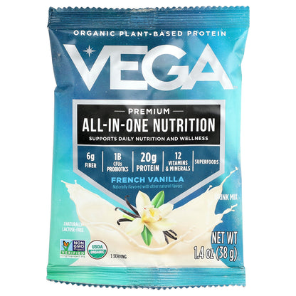 Vega, Organic Plant-Based Protein, Premium All-In-One Nutrition, French Vanilla, 10 Packs, 1.4 oz (38 g) Each