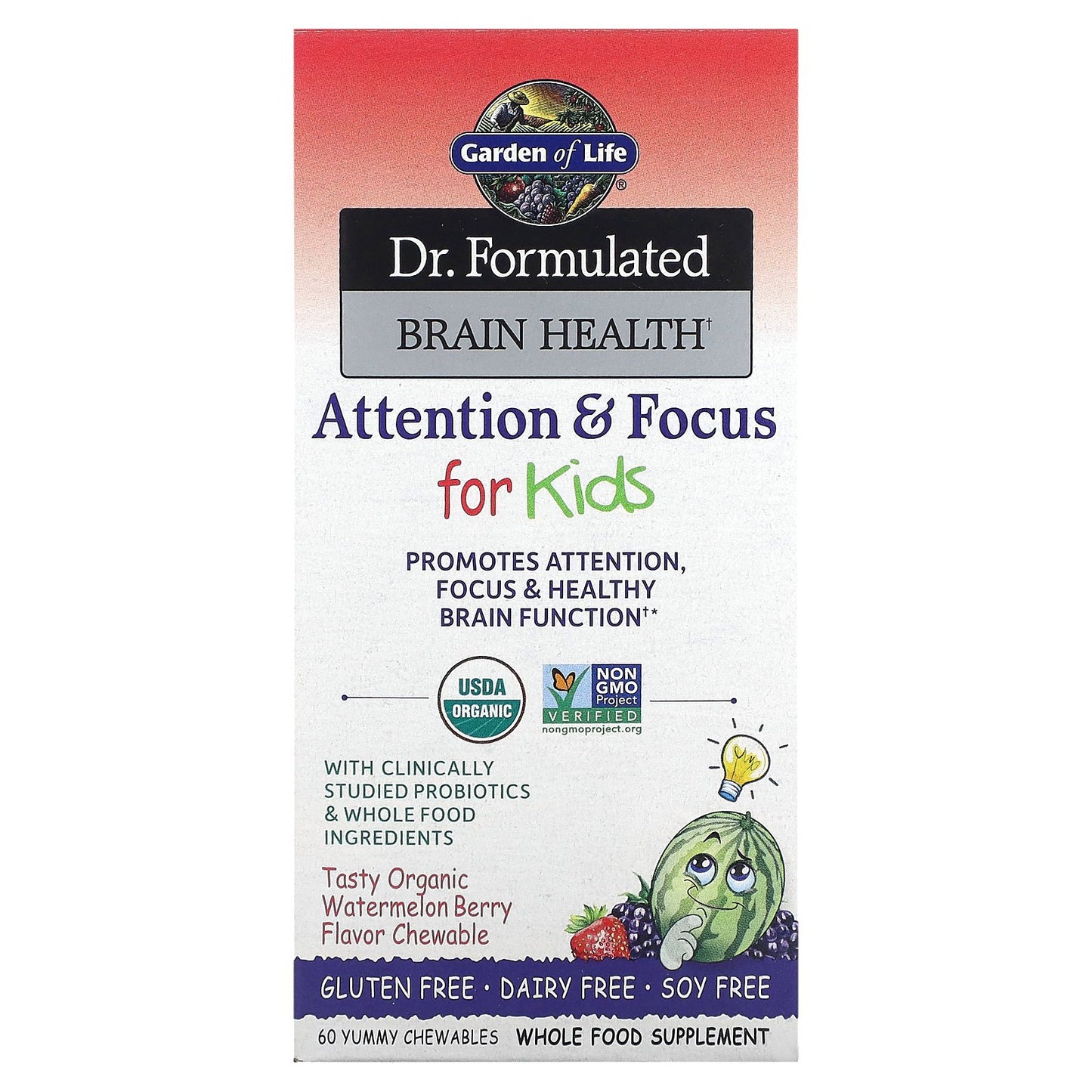 Garden of Life, Dr. Formulated Brain Health, Attention & Focus for Kids, Organic Watermelon Berry, 60 Yummy Chewables