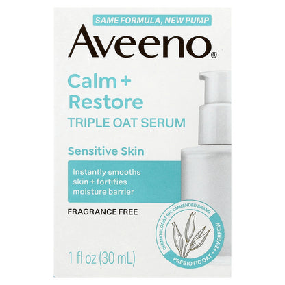 Aveeno, Calm + Restore, Triple Oat Serum, Sensitive Skin, Fragrance Free, 1 fl oz (30 ml)