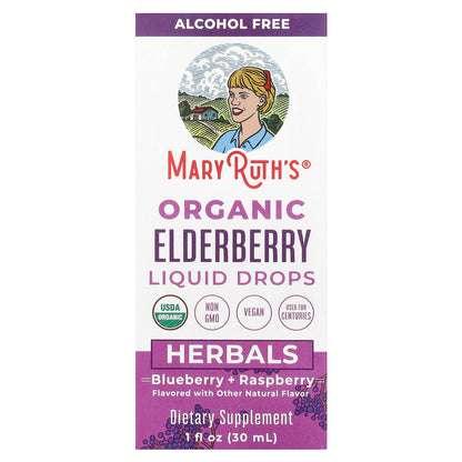 MaryRuth's, Organic Elderberry Liquid Drops, Alcohol Free, Blueberry + Raspberry, 1 fl oz (30 ml)