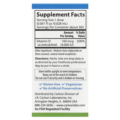 Carlson, Super Daily® D3, 100 mcg (4,000 IU), 0.35 fl oz (10.3 ml)