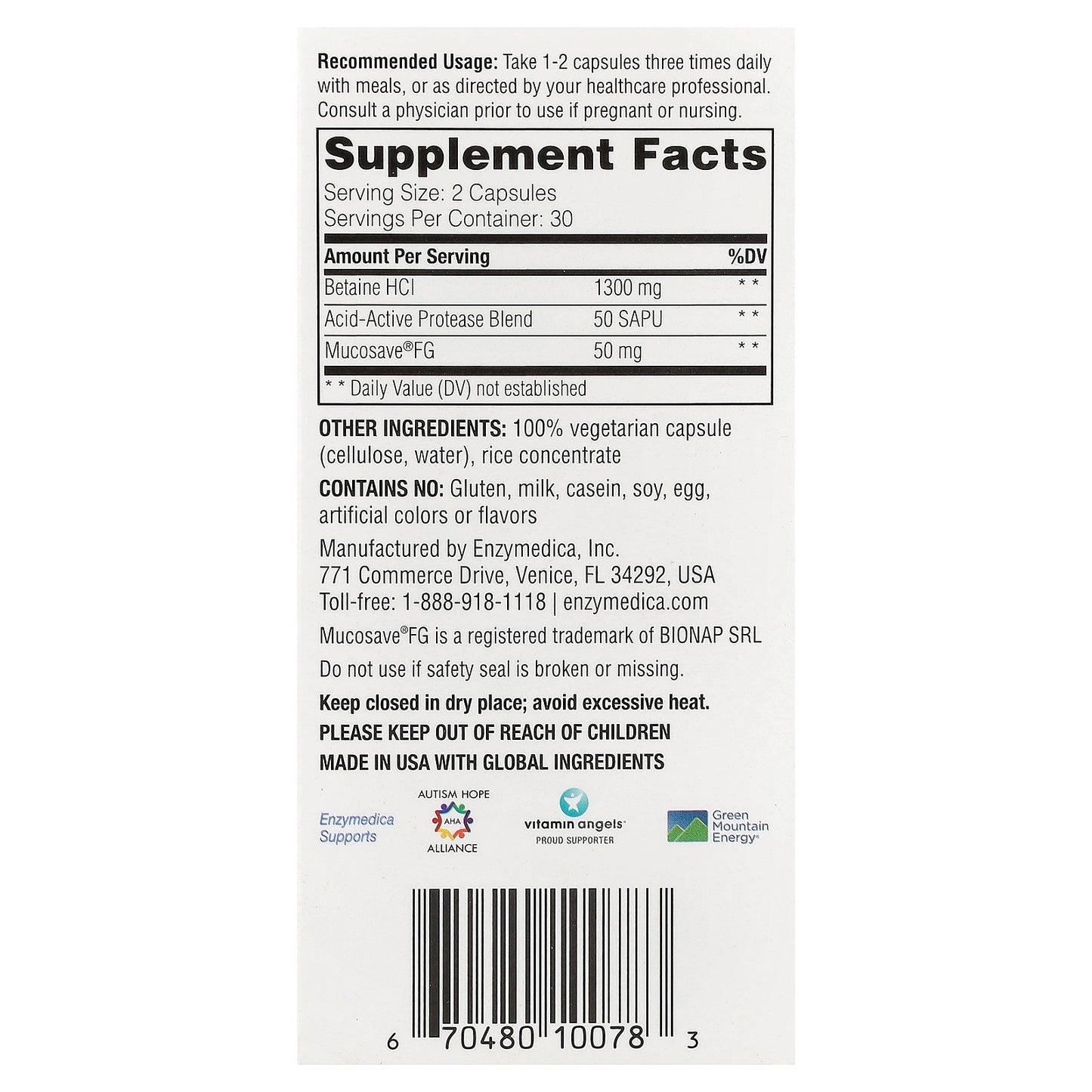 Enzymedica, Fast-Acting Betaine HCl, 60 Capsules