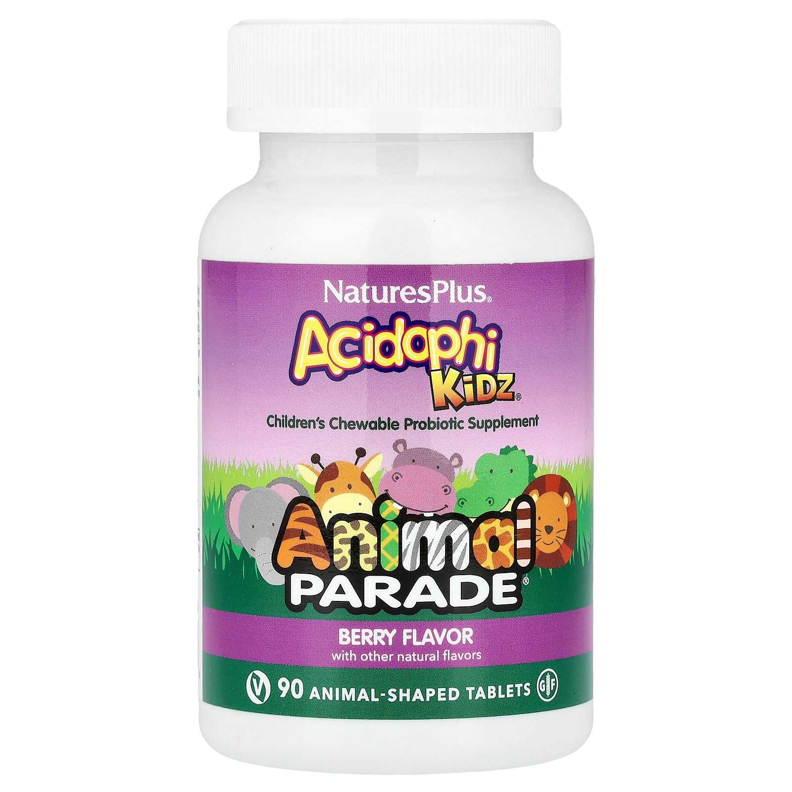 NaturesPlus, Source of Life, Animal Parade, AcidophiKidz, Children's Chewable, Berry, 90 Animal-Shaped Tablets