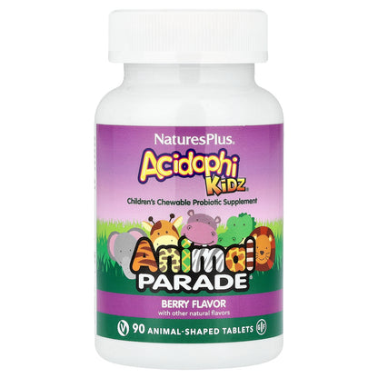 NaturesPlus, Source of Life, Animal Parade, AcidophiKidz, Children's Chewable, Berry, 90 Animal-Shaped Tablets
