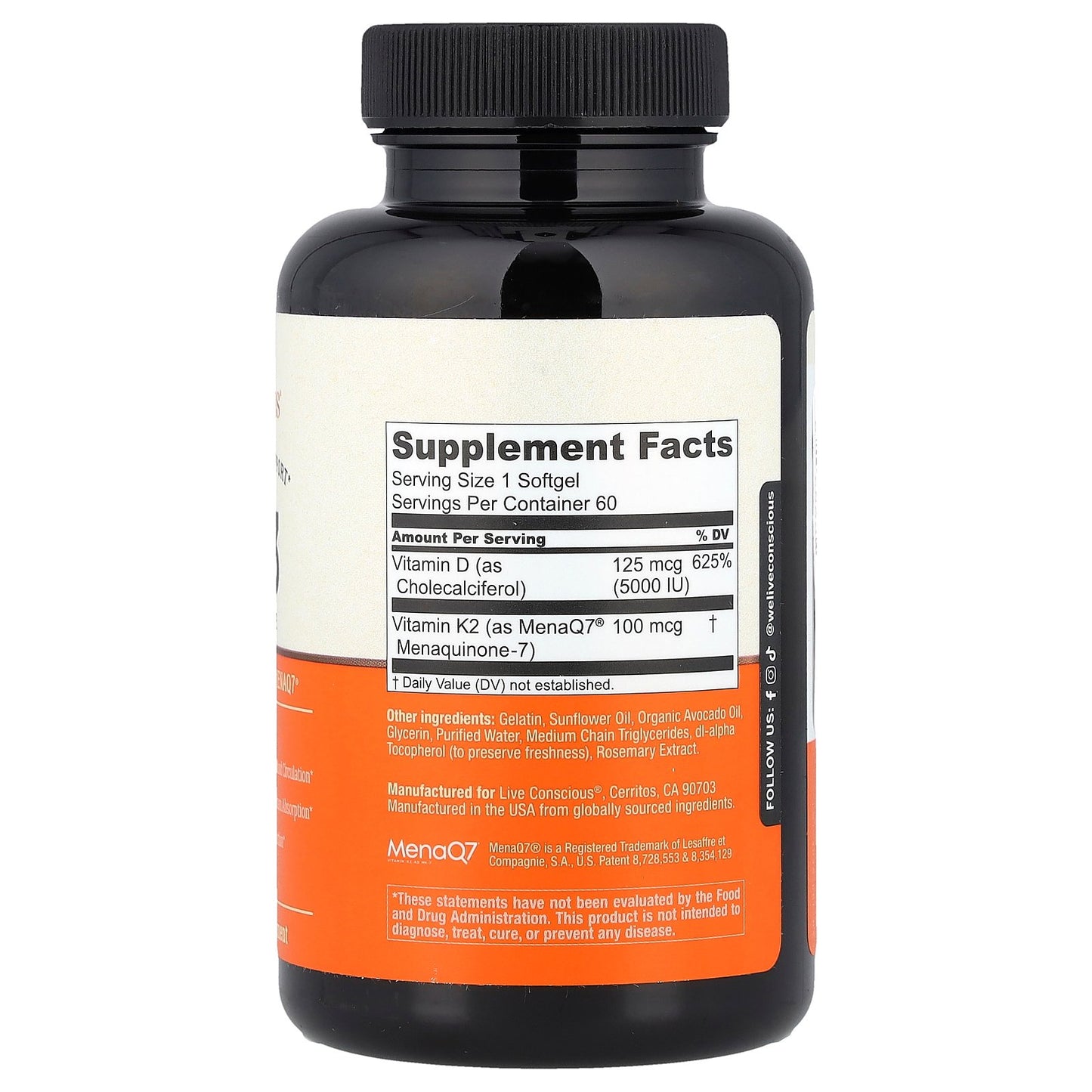 Live Conscious, K2+D3, 60 Softgels