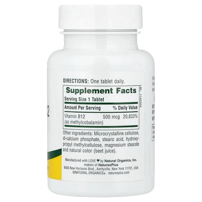 NaturesPlus, Vitamin B-12, 500 mcg, 90 Tablets