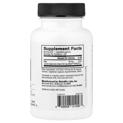 NutraBio, Zinc, 30 mg, 120  Capsules