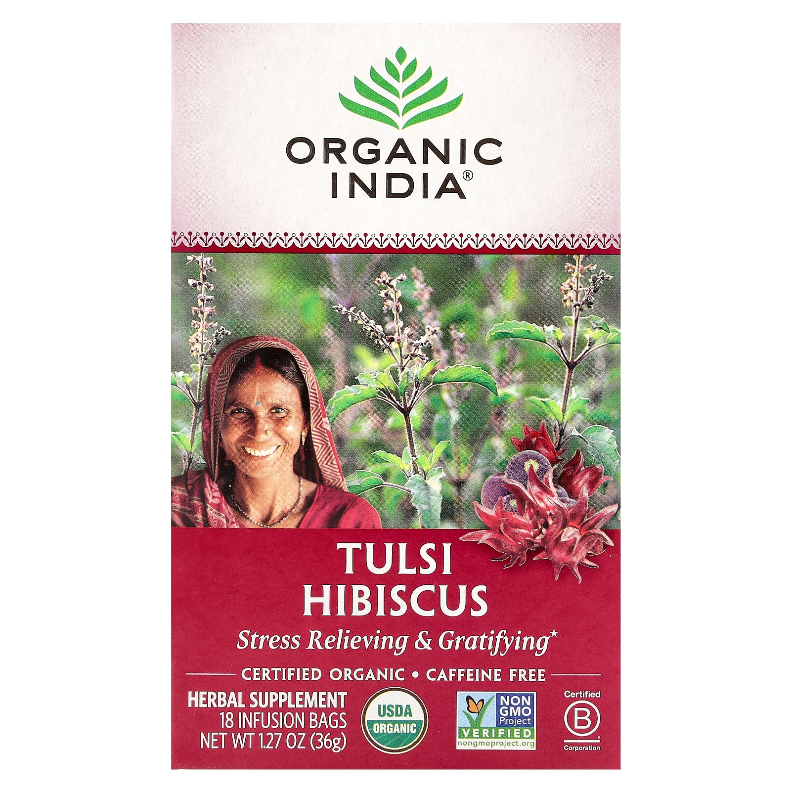 Organic India, Tulsi Hibiscus Tea, Caffeine-Free, 18 Infusion Bags, 1.27 oz (36 g)