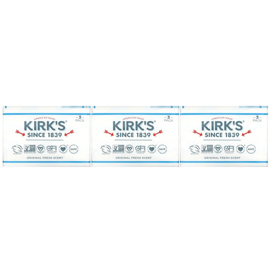 Kirk's, 100% Premium Coconut Oil Gentle Castile Soap, Original Fresh Scent, 3 Bars, 4 oz (113 g) Each