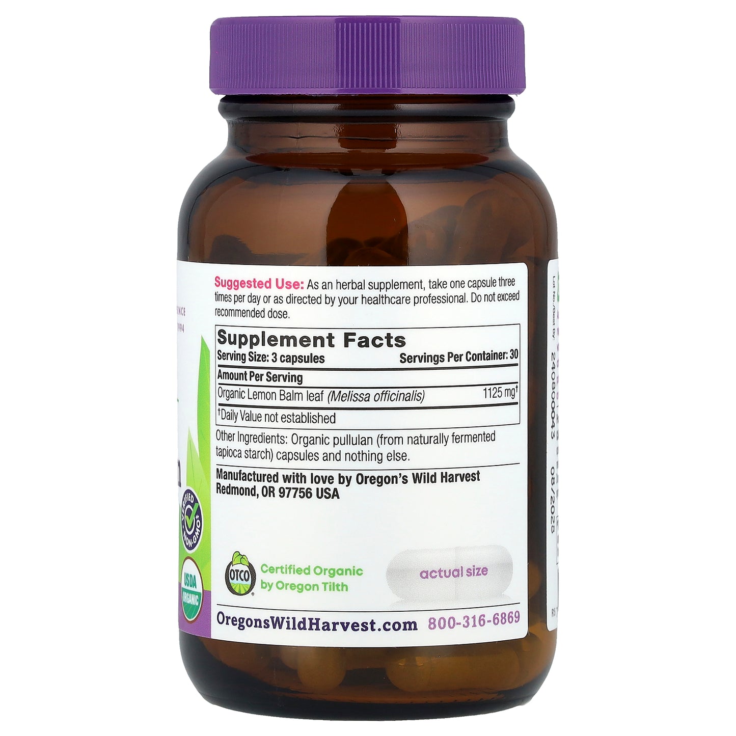 Oregon's Wild Harvest, Organic Lemon Balm, 90 Vegan Capsules (375 mg per Capsule)